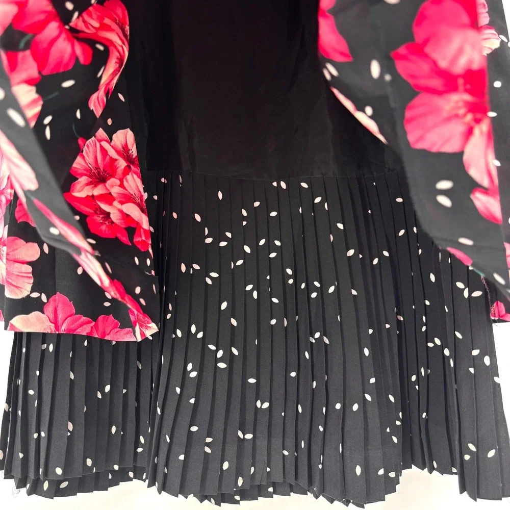 Vintage MaxMara‎ Silk Floral Polka Dot Pleated Skirt Made in Italy Pink Black 8